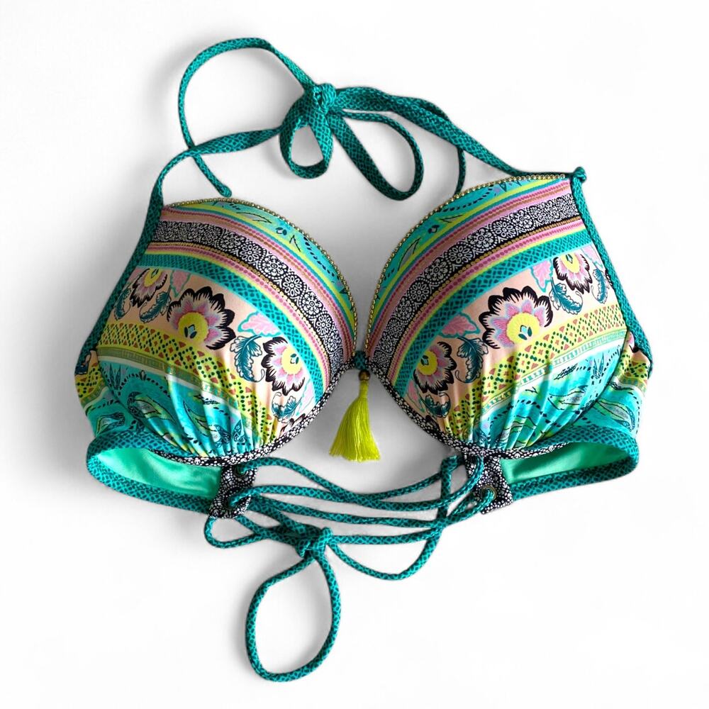 Shade & Shore : NEW Teal Purple White Green Boho Tassel Bikini Swim Top : 36D